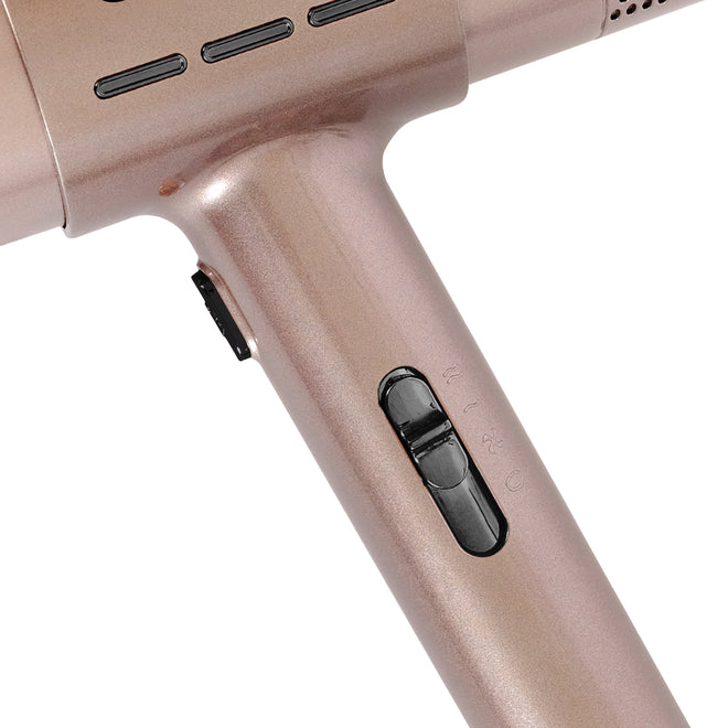 close-up-of-rose-gold-airpro-blow-dryer-showing-speed-and-heat-settings
