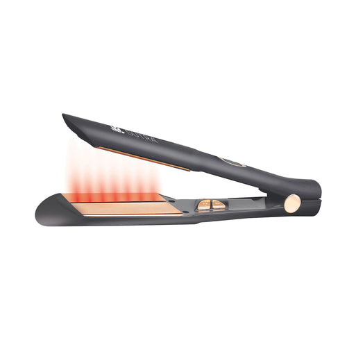 A black flat iron, measuring one and a half inches, with an infrared light inside, gold details, and a digital display on a white background