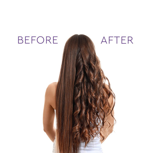 A woman with long hair showcasing the back - left side before and after. The "before" reveals dry hair, while the "after" displays big and pretty curls.